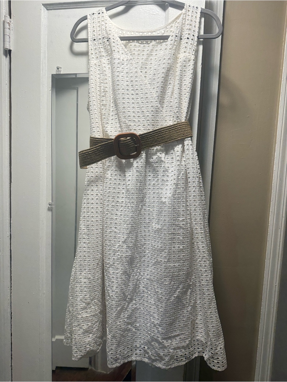Lane Bryant White Eyelet Sleeveless Midi Dress with Brown Belt